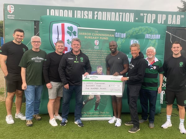 London Irish supporters Group hand over a cheque to the Foundation in support of the Jarrod Cunningham ACE Bursary fund.